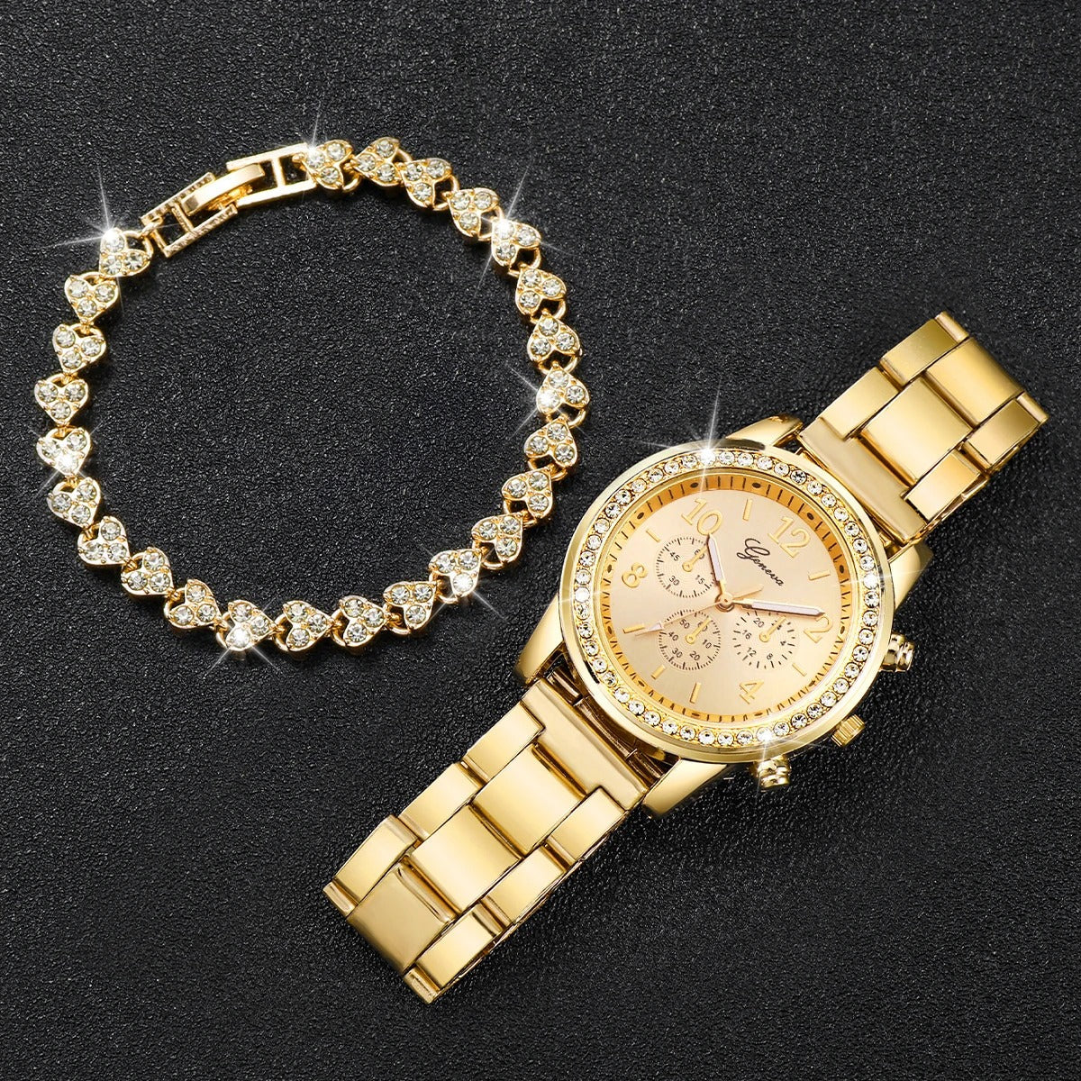 Women Steel Gold Color Quartz Watch & Diamond Bracelet
