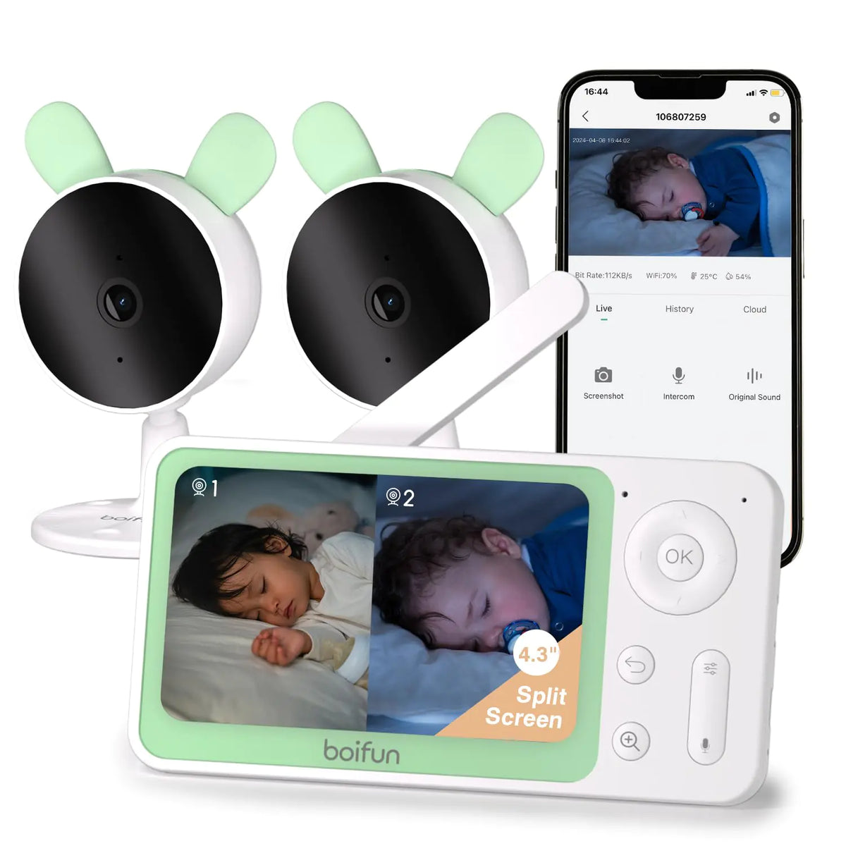 BOIFUN Split Screen Video Baby Monitor WiFi 2 Cameras Smartphone APP Control & LCD Monitor AI Motion & Sound Detection 4.3 4X Zoom 1080P Smart (Monitor para Bebe) Area Alarm Video Recording