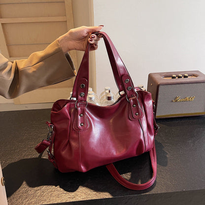 Casual Retro Solid Color PU Large Capacity Shoulder Bag