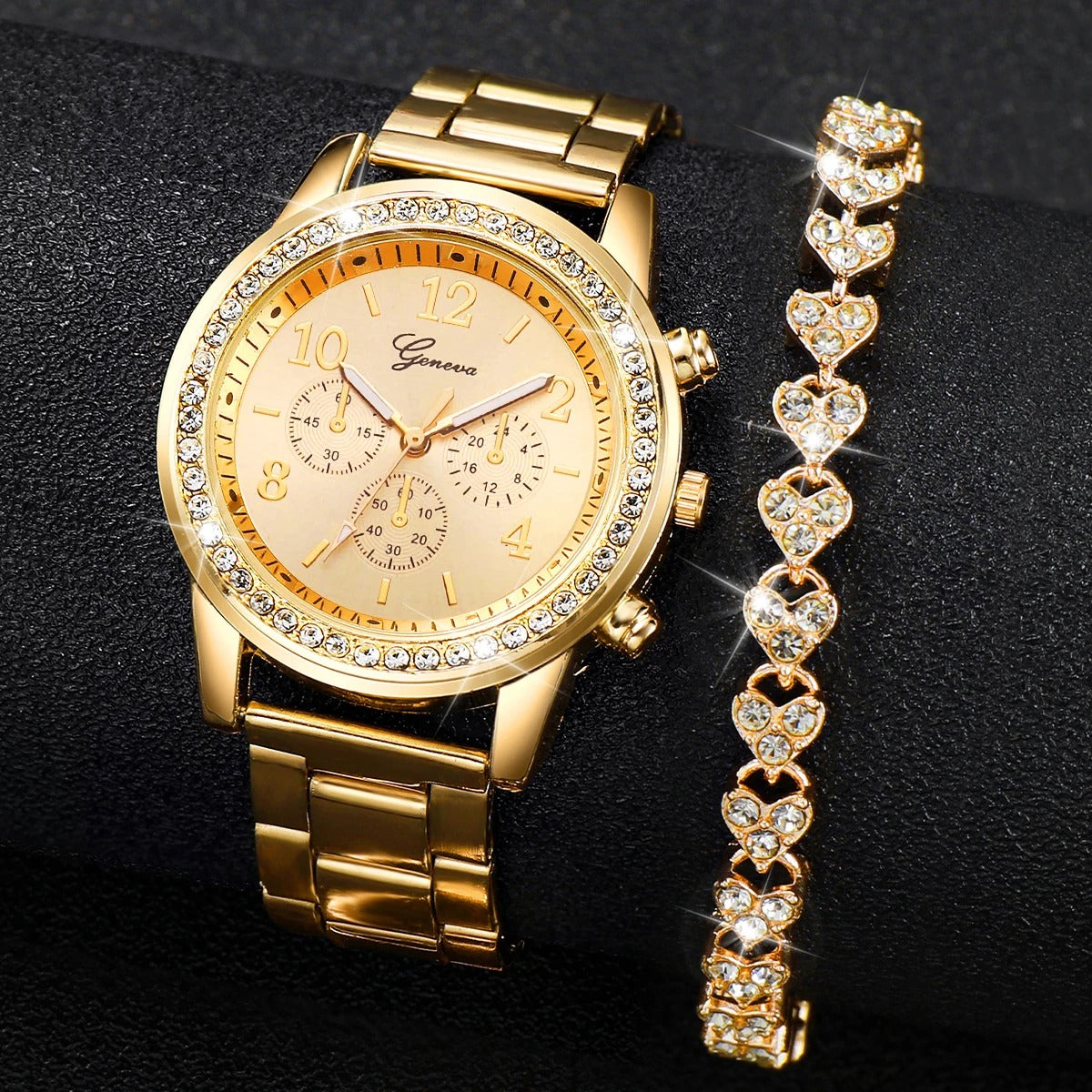 Women Steel Gold Color Quartz Watch & Diamond Bracelet