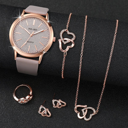 6pcs/set Women Leather Band Quartz Watch and Lover