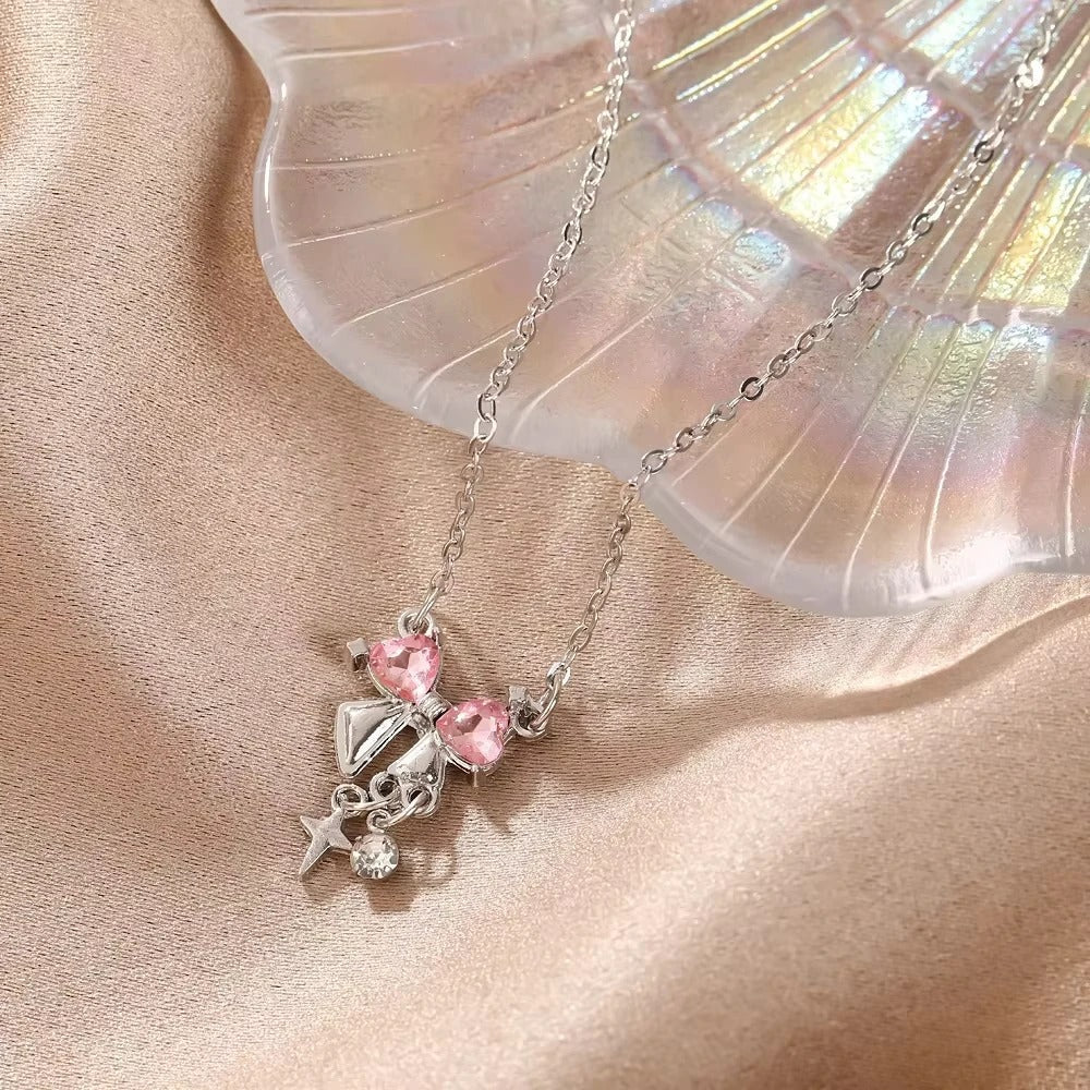 Sweet Pink Bow Necklace Ladies Fashion Sparkling Rhinestone Star