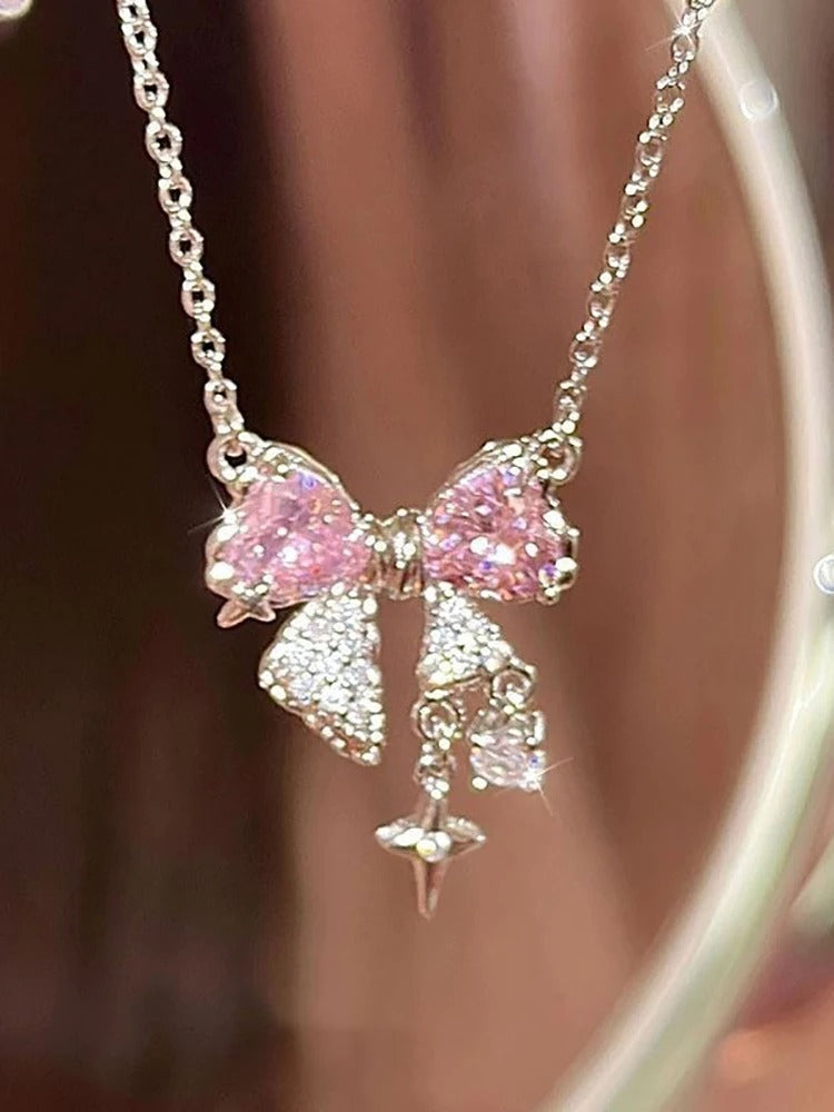 Sweet Pink Bow Necklace Ladies Fashion Sparkling Rhinestone Star